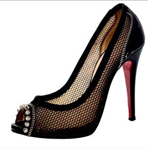 Christian Louboutin Black Mesh And Patent Leather Spiked Shawnita Peep Toe Pumps